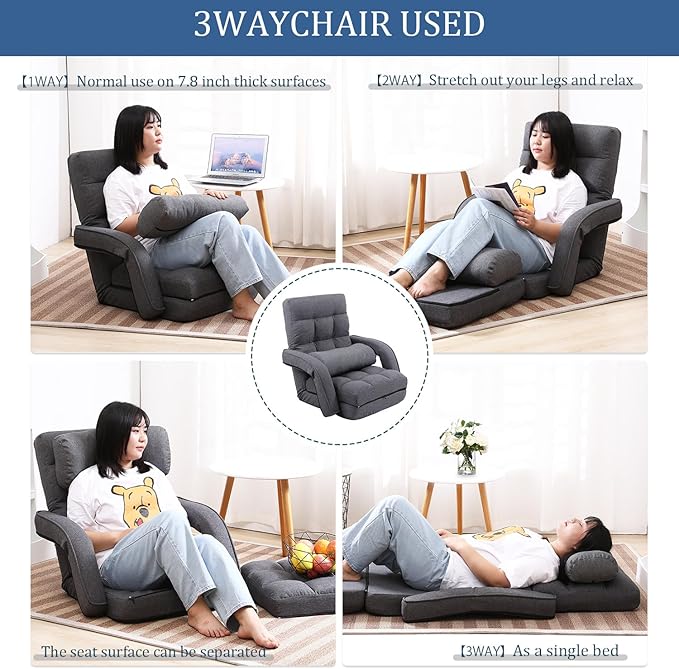 FLOGUOR 14-Position Adjustable Floor Chair, Chaise Lounge Indoor, Folding Lazy Sofa with Armrests and a Pillow Padded Adults Gaming Chairs for Living Room, Bedroom Factory Price,8803 (Grey)