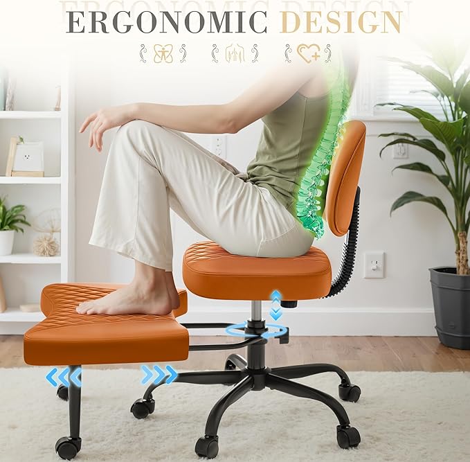 Furmax Ergonomic Criss Cross Legged Office Chair with Wheels, 360°Swivel Adjustable Height Kneeling Desk Chair with Footrest for ADHD, Yoga, Meditation, Home Office (Leather, Brown)