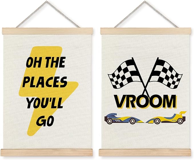 JINYO Race Car Wall Decor, Black and White Checkered Racing Flag Quote Wall Art Poster, Race Car Room Decor, Racing Cars Posters for Kids Boys Room Bedroom Playroom, 12x16 Inches Set of 2