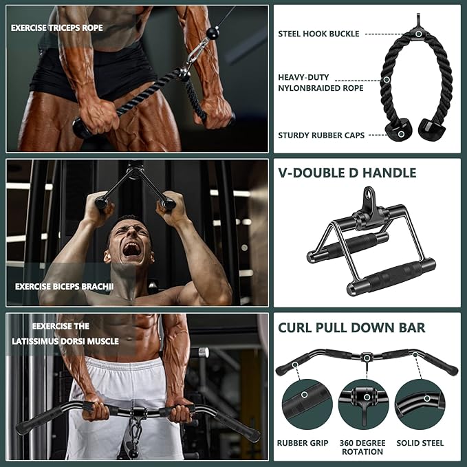 Cable Attachments for Gym, Cable Machine Attachment Set, LAT Pulldown Attachments, Cable Machine Accessories, Tricep Pull Down Attachment, Home Gym Accessories