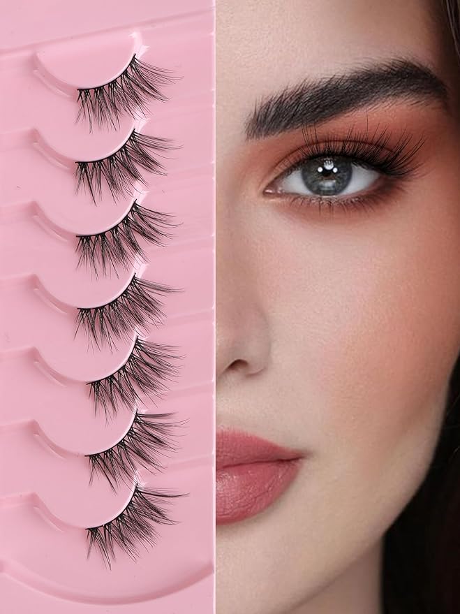 Half Lashes Cat Eyelashes 14mm False Eyelashes Natural Cat Eye Lashes Wispy Eyelashes with Thin Band 3D Volume False Lashes C Curl Soft Strip Lashes Pack 7 Pair EVENTILL