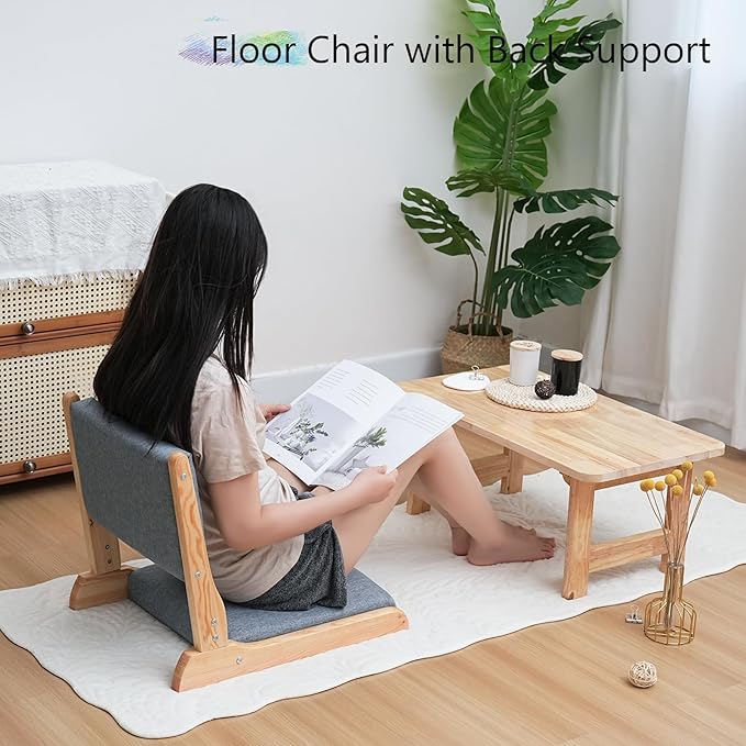 Japanese Floor Chair with Back Support, Foldable Meditation Chair, Legless Tatami Chair with Cushion, Floor Seat for Living Room, Bedroom, Bay Window (1, Dark Gray)