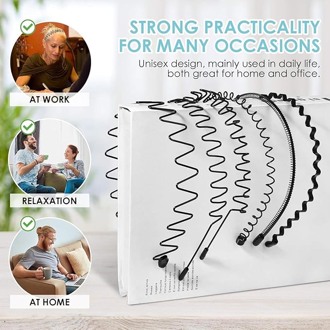 Metal Headbands for Man, Unisex Black Wavy & Smooth Headbands for Women, Non-Slip Elastic Hair Bands for Sports, Gym, Yoga, and Daily Use. (6 pack)