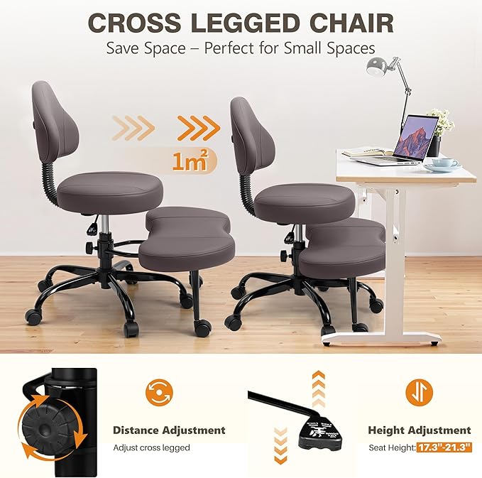 Cross Legged Office Chair, Criss Cross Desk Chair ADHD Meditation Kneeling Yoga Seat with Adjustable Height, Lumbar Support, Wider Footrest and Wheels (Dark Brown)