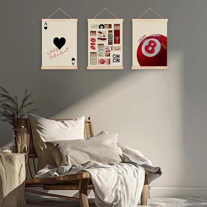 FITIE Trendy Retro Y2K Lucky 8 Ball Ace of Hearts Wall Art Set of 3, Y2K Room Decor, Funky Wall Art Decor, Funky Red Aesthetic Canvas Wall Art Poster Hanger Frame, 12x16 Inches