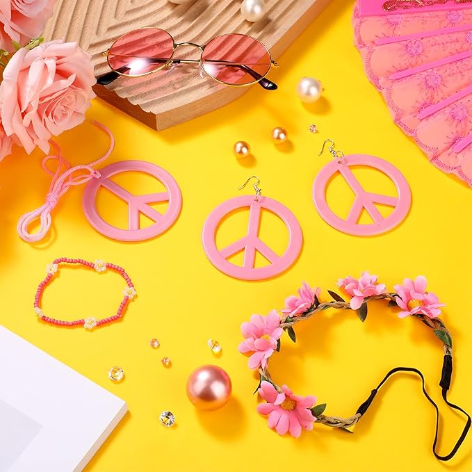 Batiyeer 6 Pcs Hippie Costume Accessories Set, Boho Peace Sign Daisy Flower 60s 70s Party Favors Decor for Groovy Party Women