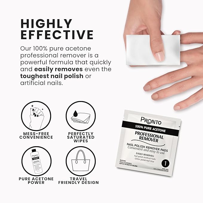 Pronto Acetone Nail Polish Remover Pads, 10 Pcs. Individually Wrapped Acetone Wipes, Pure Acetone Wipes Remover For Salon & Home - Quick Polish Nail Soak Pads