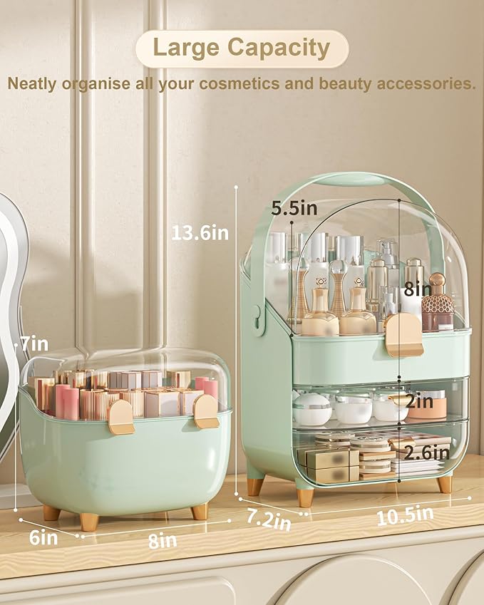 Makeup Organizer with Lipstick Holder, Skincare Organizers Storage Box Cosmetic Display Cases, Teen Girl Gifts Make up Organizers for Vanity, Dresser, Countertop, Bathroom(Green)