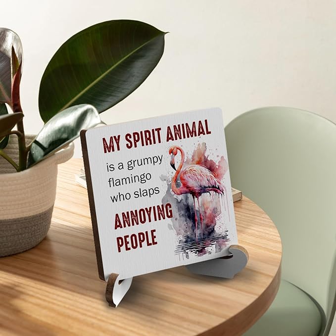 Flamingo Gifts Funny Flamingo Decor Rustic Wooden Desk Decor for Flamingo Lovers Home Farmhouse Office Bathroom Table Tiered Tray Shelf Seasonal Plaque with Wood Stand Holder