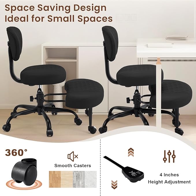 Cross Legged Office Chair with Wheels, Wide Criss Cross Kneeling Home Office Desk Chairs with Back Support, Ergonomic Adjustable Height ADHD Stool with Rotating Footrest for Yoga Meditation
