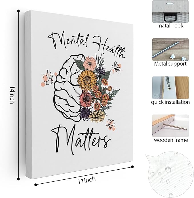 APJYM Mental Health Wall Decor, Mental Health Matters Flower Brain Canvas Wall Art, Therapist Office School Counselor Office Decor, 11x14 Inches