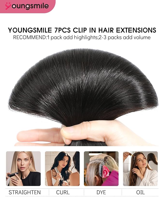 Youngsmile Clip in Hair Extensions Human Hair,7 Pcs 16 Inch 140 Gram Real Remy Clip in Hair Extensions, #1B Natural Black Silky Straight Double Weft (7C#1B-16Inch)