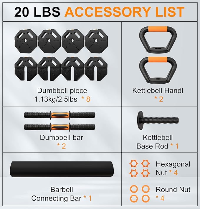 Adjustable Dumbbells 20/30/40/60lbs Free Weight Set with Connector, 5 in 1 Dumbbells Set Used as Barbell, Kettlebells, Weightlift, Push Up Stand, Weight Plate, Women Men Fitness Exercises Equipmentfor Home Gym