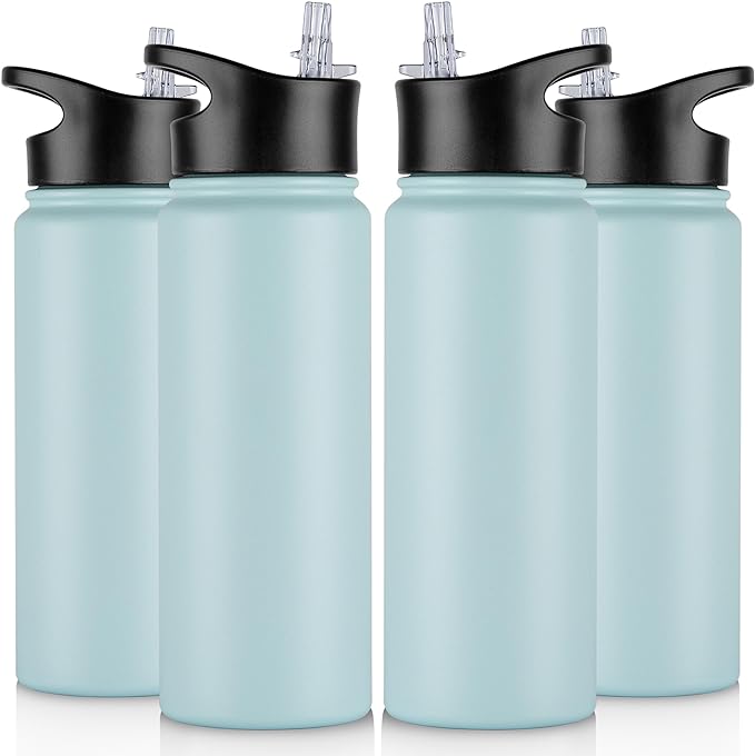 24 oz Insulated Water Bottle Bulk 4 Pack, Stainless Steel Sports Water Bottles with Straw Lid & Wide Mouth Lids, Double Walled Vacuum, Leak Proof, Turquoise Blue
