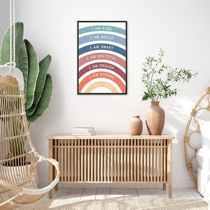 I am Kind Brave Loved Enough Motivational Canvas Wall Art Print Rainbow Quote Inspirational Art Poster Trendy Office Affirmation Wall Decor Minimalist Picture Painting Home Decor 24x36inch black framed