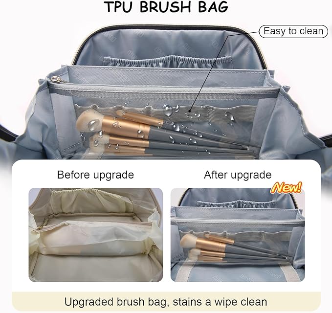 BOYATU Travel Makeup Bag Organizer Cosmetic Bag: 3 Pcs Set Make up Bags for Women with Handle - Waterproof Vegan Leather Toiletry Bags Travel Essentials Pouch with Compartments (C-04-Beige)