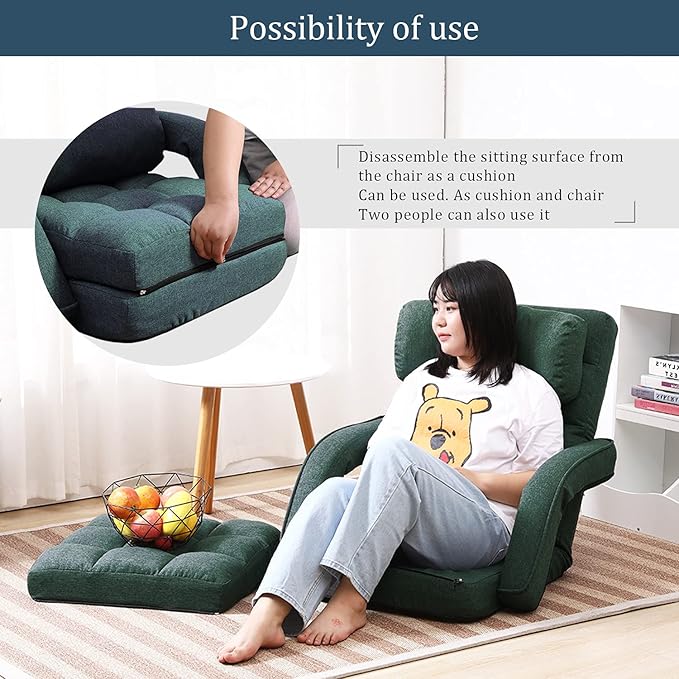FLOGUOR 14-Position Adjustable Floor Chair, Chaise Lounge Indoor, Folding Lazy Sofa with Armrests and a Pillow Padded Adults Gaming Chairs for Living Room, Bedroom Factory Price (Green) 8803GN