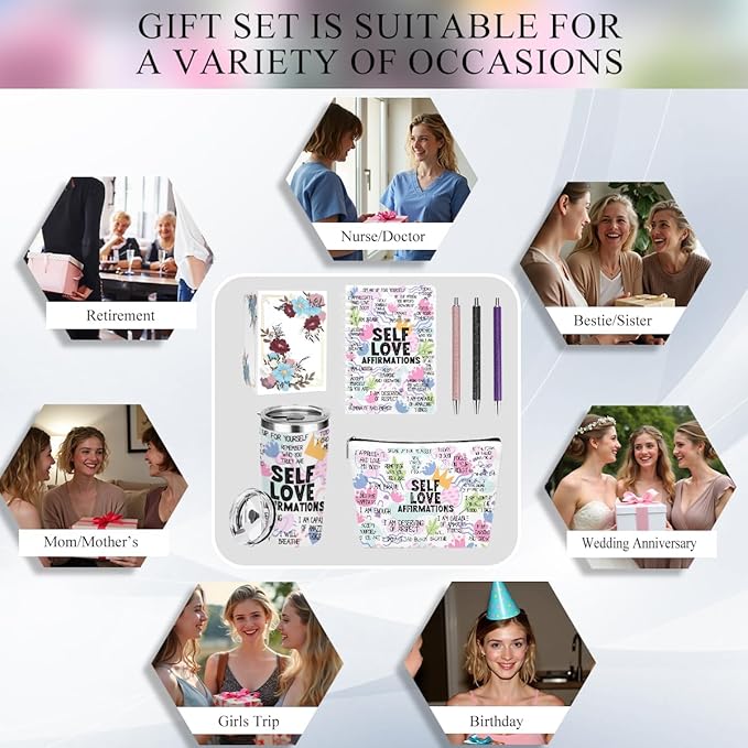 jeilink Positive Affirmations Self Love Mental Health Gifts Inspirational Gifts for Women Wife Sister Grandma Birthday Appreciation Anniversary, 20oz Tumbler Makeup Bag Ballpoint Pen Notebook 6PCS