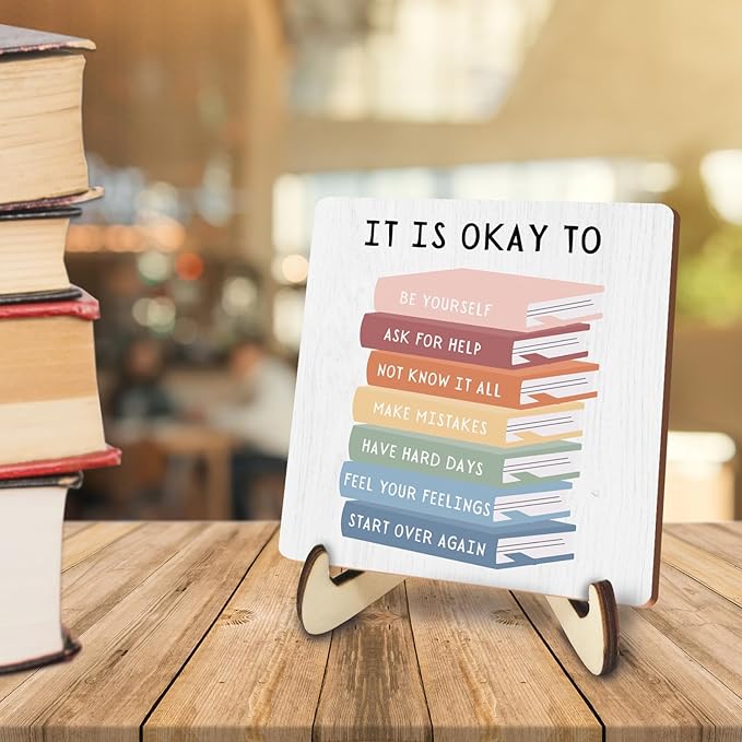 Decorative Desk Decor Motivational Okay Affirmations Positive Plaque with Wooden Stand Inspirational Wood Sign for Nursery Playroom Homeschool Classroom Reading Corner Table Shelf Book Lover Gifts