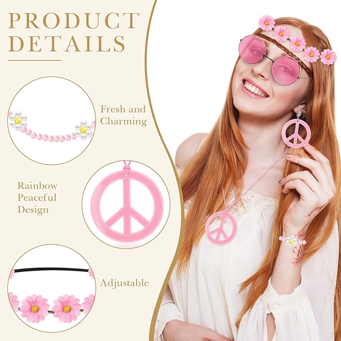 Batiyeer 6 Pcs Hippie Costume Accessories Set, Boho Peace Sign Daisy Flower 60s 70s Party Favors Decor for Groovy Party Women