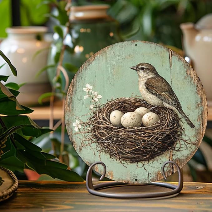 1pc Vintage Bird and Egg in Nest Round Aluminum Sign, 8x8 Inch Farmhouse Wall Decor with Pre-Drilled Holes, Durable Garden Yard Art for Home,Halloween & Christmas Gifts, Outside Decor