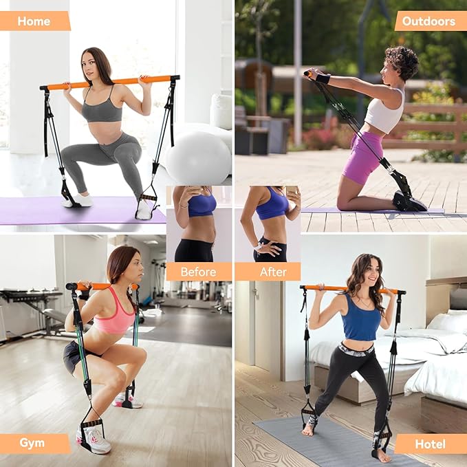 Hommie Portable Pilates Bar Kit with Resistance Bands for Men and Women,Upgraded 3 Section Pilates Bar with Resistance Bands (20-60lb) for Home Gym Equipment Supports Full-Body