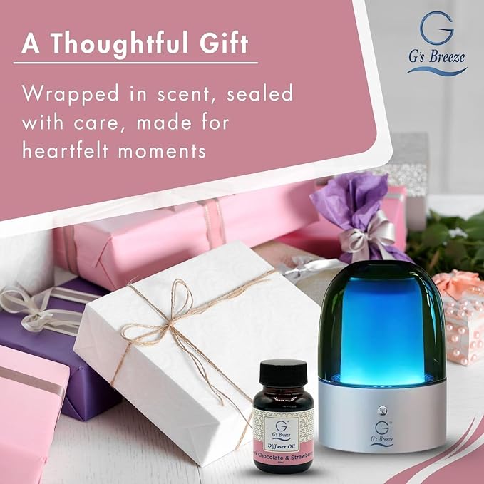 G's Breeze Smart Aroma Diffuser with 60ml Dark Chocolate & Strawberry Refill – Wi-Fi & Bluetooth Control, LED Light, Adjustable Intensity, Long-Lasting Sweet Fruity Gourmand Scent for Home or Office