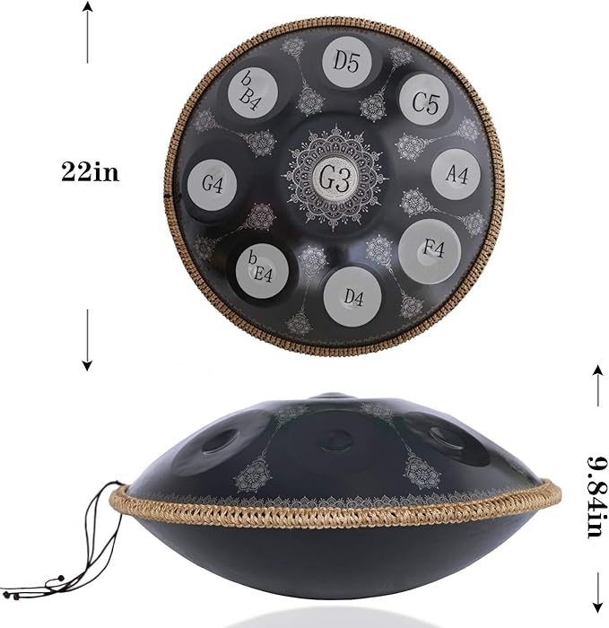 Handpan-Classic 10 Notes Black Print Hand Pan,Premium 432HZ 22 Inches D Minor Steel Handpan Drum Set,Adult's Music Steel Pan Instrument
