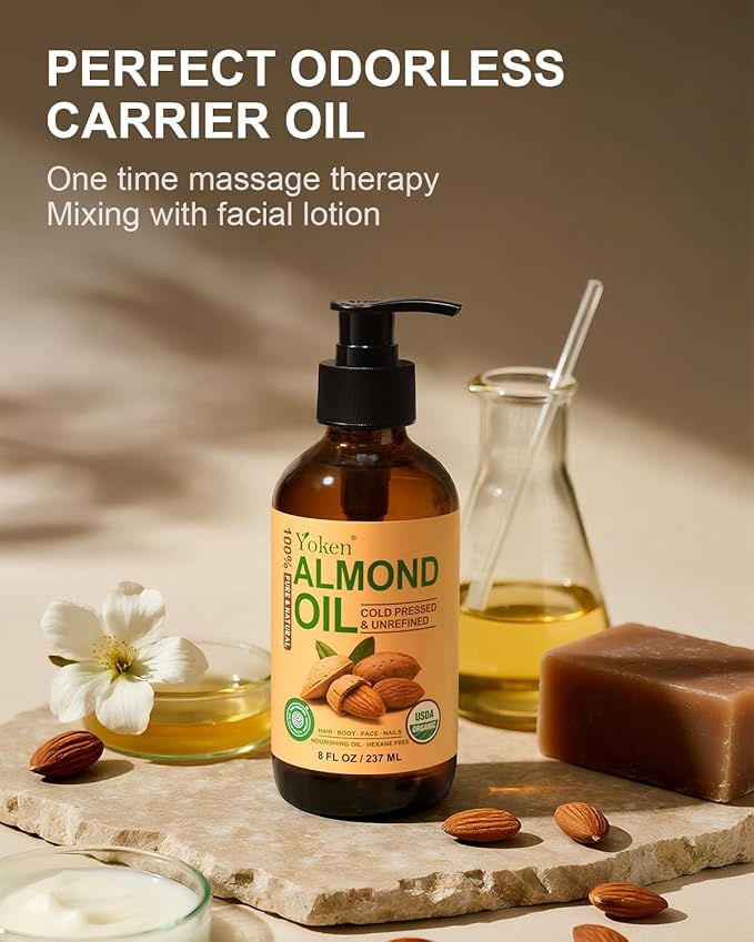 Yoken Organic Almond Oil 8 fl oz, USDA 100% Pure Natural Cold Pressed Almond Oils in Glass Bottle, Moisturizing Carrier Oil for Face, Hair & Body - Ideal for Skin Care, Soothing Massage & DIY Beauty
