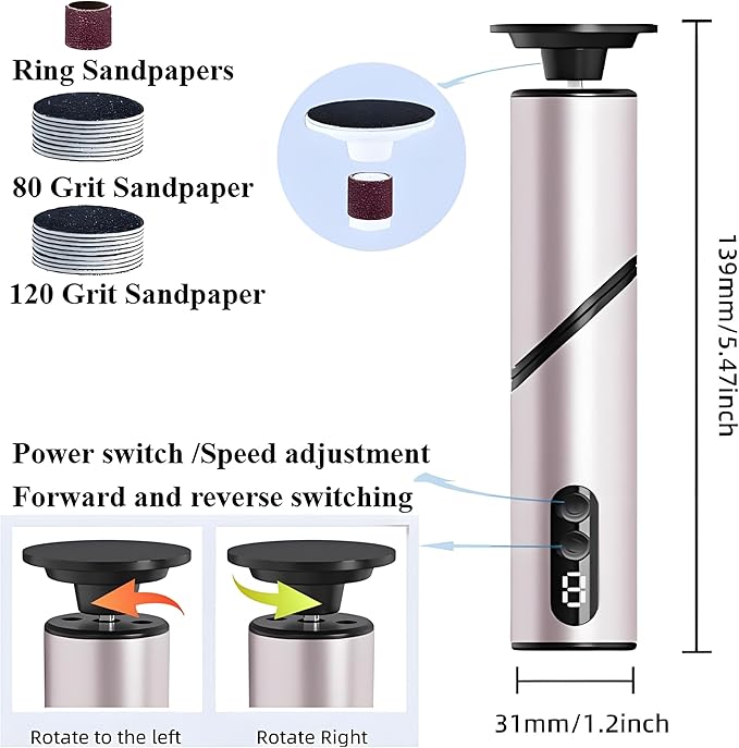 Foldable Electric Foot Callus Remover, Foot Files, 9-Speed Foot Sander Pedicure Tools for Feet Dead Skin with Sandpaper Disk and Nail Drill Bits(Rose Gold)