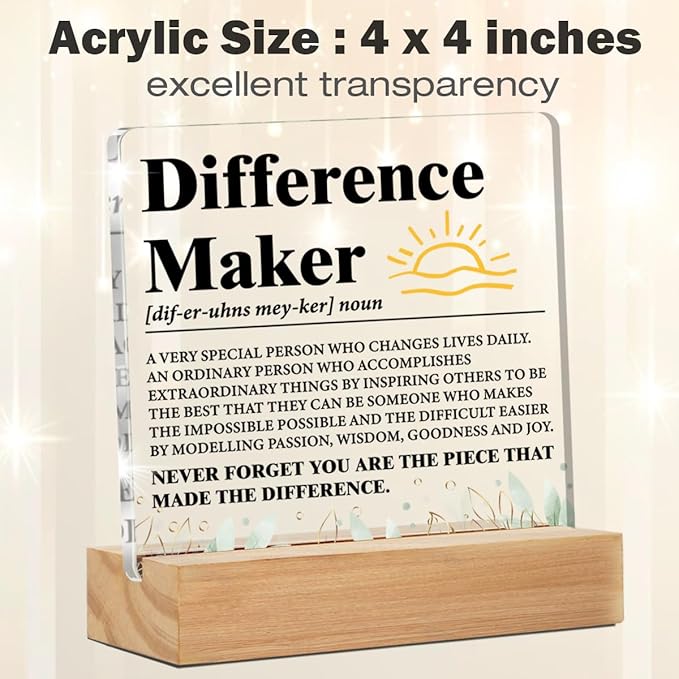 Difference Maker Gift Men, Thank You Gifts for Leader Boss Mentor Manager Coworkers Employees Teacher, Difference Maker Definition Acrylic Desk Plaque Sign Office Decor 4 x 4 Inches