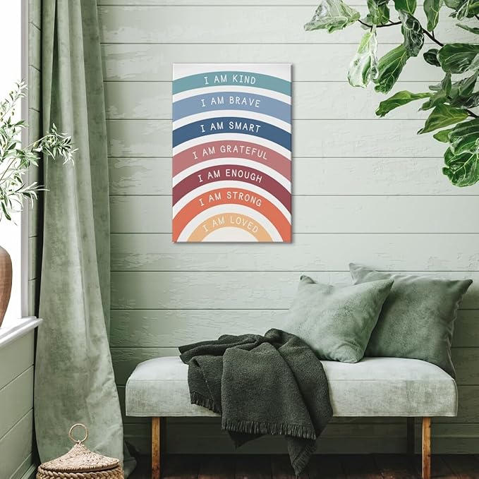 I am Kind Brave Loved Enough Motivational Canvas Wall Art Print Rainbow Quote Inspirational Art Poster Trendy Office Affirmation Wall Decor Minimalist Picture Painting Home Decor 8x12inch Framed