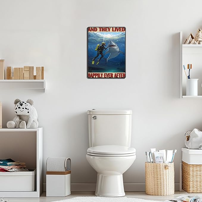 Diver And Shark Metal Tin Sign 12x16 Inch And They Lived Happily Ever After Poster Diver And Shark Tin Sign Home Kitchen Garden Bar Restaurant Cafe Office Shop Cave Man Are Wall Decor