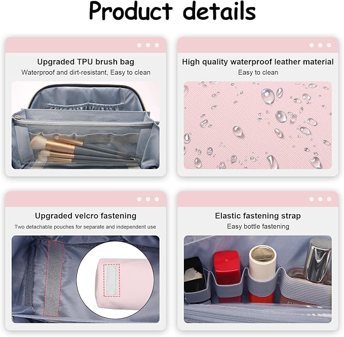 BOYATU Travel Makeup Bag Organizer Cosmetic Bag: 3 Pcs Set Make up Bags for Women with Handle - Waterproof Vegan Leather Toiletry Bags Travel Essentials Pouch with Compartments (D-04-Pink)