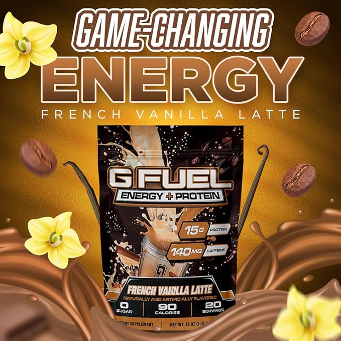 G Fuel Protein + Energy Drink Powder, Pre Workout Caffeine Mix for Gaming, Sugar Free Focus Amino, Vitamin + Antioxidants, 19oz (French Vanilla Latte, 20 Servings)