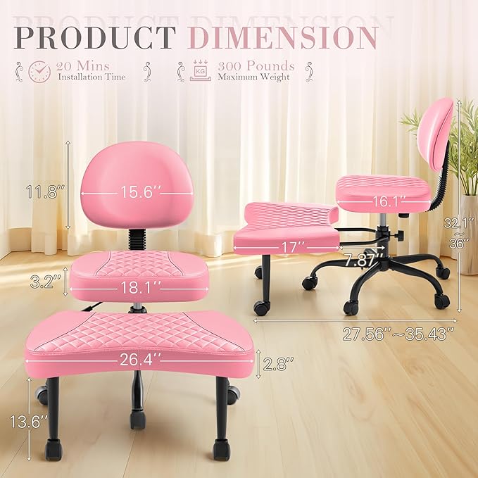 Furmax Ergonomic Criss Cross Legged Office Chair with Wheels, 360°Swivel Adjustable Height Kneeling Desk Chair with Footrest for ADHD, Yoga, Meditation, Home Office (Leather, Pink)