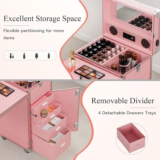 Icoget Portable Rolling Manicure Table for Nail Teach, Foldable Traveling Nail Desk w/Storage, Mobile Nail Table w/Audio and Mirror, Makeup Train Case Cosmetic Trolley, Pink