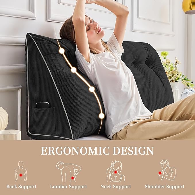 Sasttie Headboard Pillow King, Wedge Pillow Headboard for Sitting Up in Bed, Back-Rest Support Triangular Cushion for Reading - Features Removable Washable Cover, Black