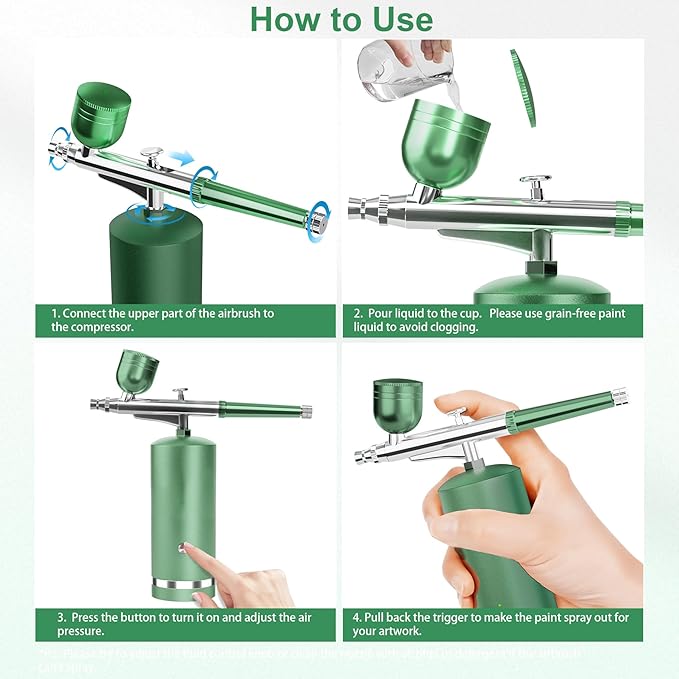Airbrush Kit With Compressor - 48PSI Rechargeable Cordless Non-Clogging High-Pressure Air Brush Set with 0.3mm Nozzle and Cleaning Brush Set for Nail Art, Makeup, Painting, Cake Decor (Green)