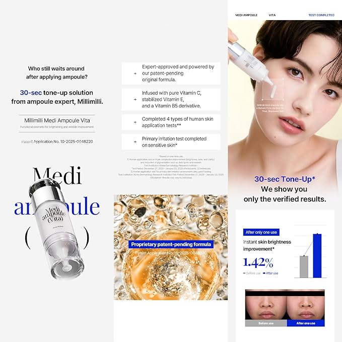 MILLIMILLI MediAmpoule – Vita Serum | Brightening Vitamin C Face Ampoule with Vitamin E, B5 & Antioxidants | Dark Spot Corrector, Tone-Up & Radiance Booster Korean Skin Care, 15ml