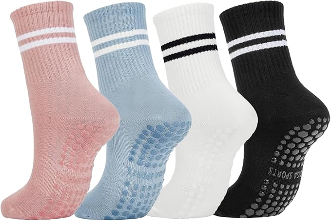DTWAWA Womens 4Pcs Pilates Grip Socks Non Slip Yoga Socks with Grips Barre Hospital Athletic Socks for Women