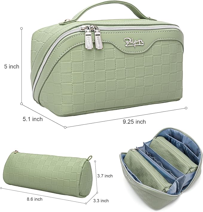 BOYATU Travel Makeup Bag Organizer Cosmetic Bag: 3 Pcs Set Make up Bags for Women with Handle - Waterproof Vegan Leather Toiletry Bags Travel Essentials Pouch with Compartments (C-06-Green)