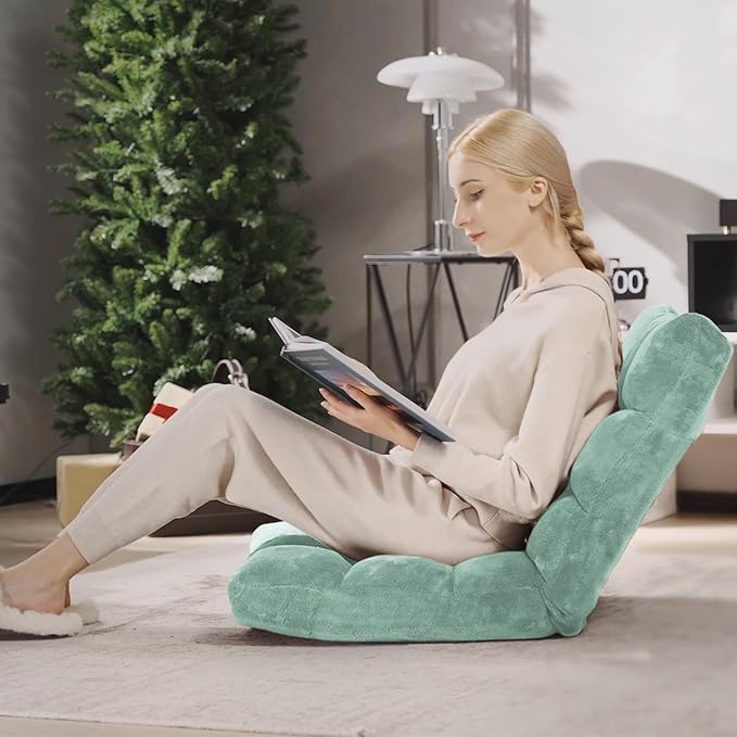 GORELAX Memory Foam Floor Chair, 14-Poistion Adjustable Floor Reading Gaming Chair Recliner, Folding Cushioned Meditation Chair with Back Support, Padded Lazy Sofa Chair for Adults, Kids (Green)