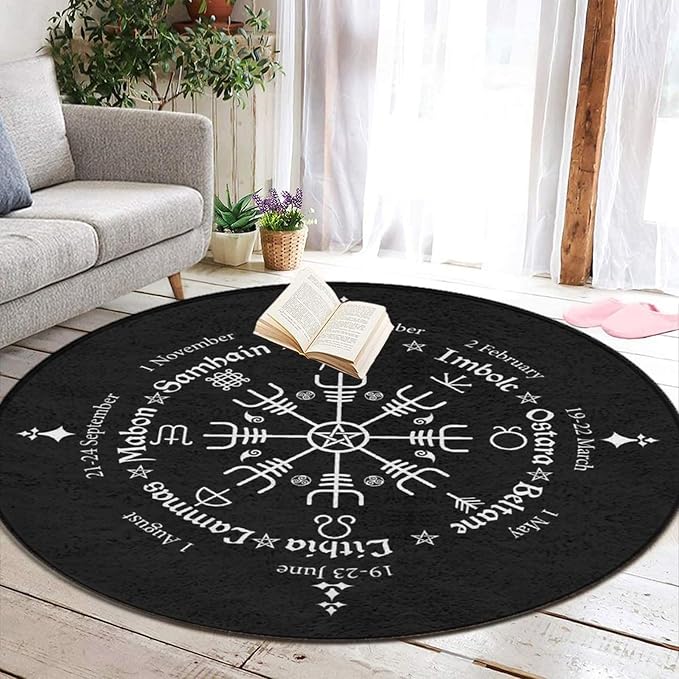 Large Home Decor Mat, Soft Round Yoga Carpet, Non-Slip Machine Washable Home Office Circle Rug Compatible with Norse Viking Vegvisir Compass Goth Pentagram