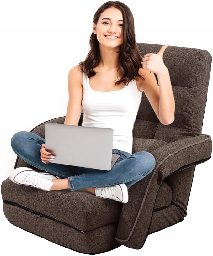 FLOGUOR 42-Position Adjustable Floor Chair, Chaise Lounge Indoor, Folding Lazy Sofa with Armrests and a Pillow Padded Adults Gaming Chairs for Living Room, Bedroom Factory Price, 8803XM (Brown)