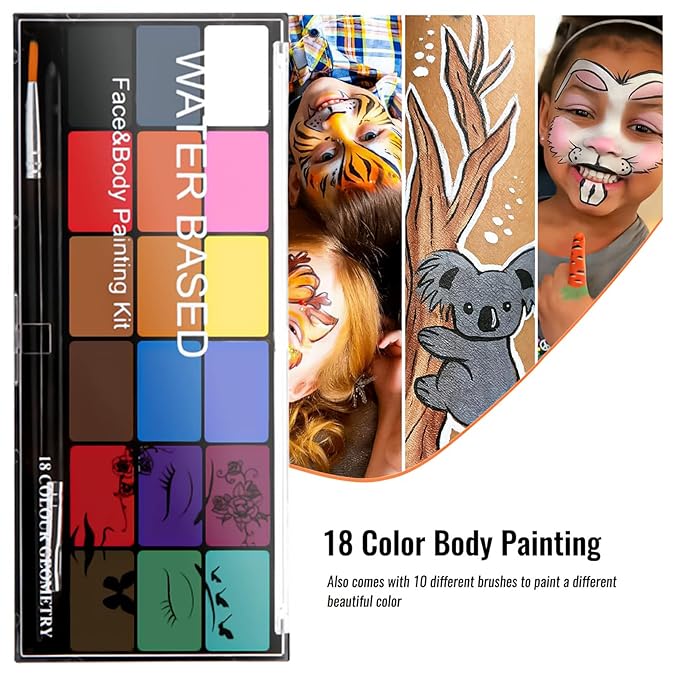Face Painting Kit Non-toxic Body Paint Washable 18 Colors Facepaint Makeup Kit for Adults with 10 Face Paint Brushes for Halloween Party Cosplay Makeup (Color 001)