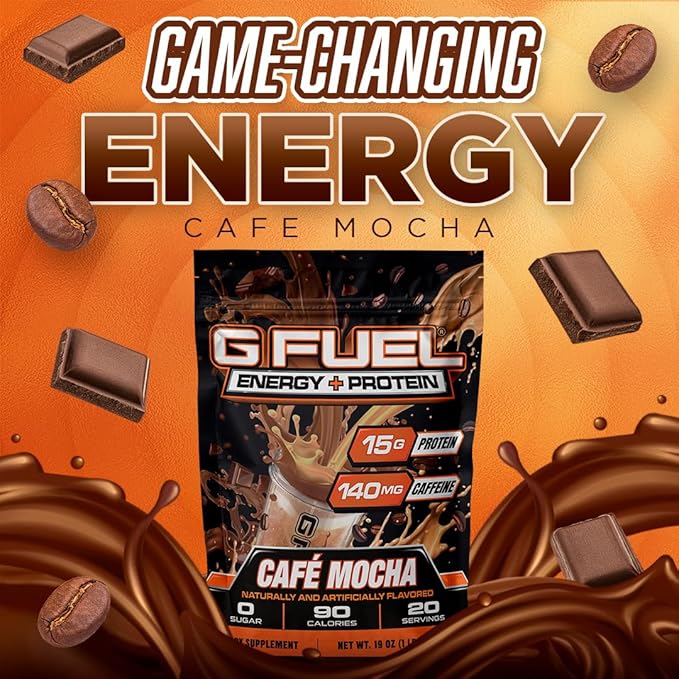 G Fuel Protein + Energy Drink Powder, Pre Workout Caffeine Mix for Gaming, Sugar Free Focus Amino, Vitamin + Antioxidants, 19oz (Cafe Mocha, 20 Servings)