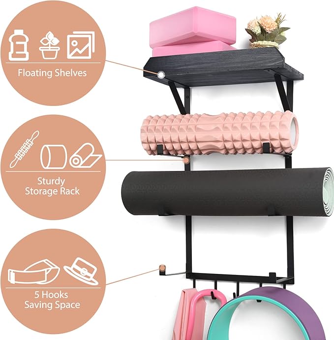 Yoga Mat Holder Wall Mount,17" x 28" Yoga Mat Rack Home Gym Accessories, Storage for Foam Roller, with Wood Floating Shelves for Hanging Yoga Strap and Resistance Bands