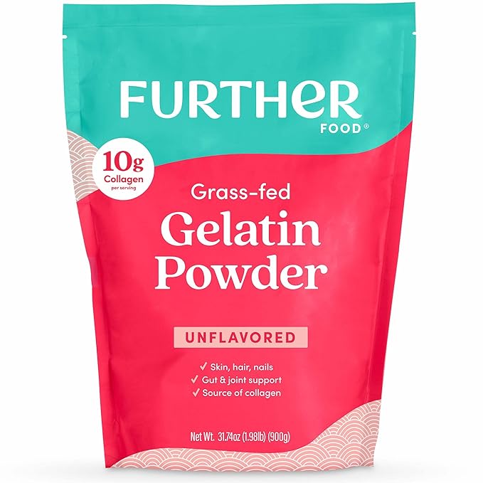 Further Food Gelatin | Grass-Fed, Pasture-Raised, Non-GMO | Unflavored, Excellent Source of Collagen | Pure Beef Gelatin Powder (Large 31.74oz)