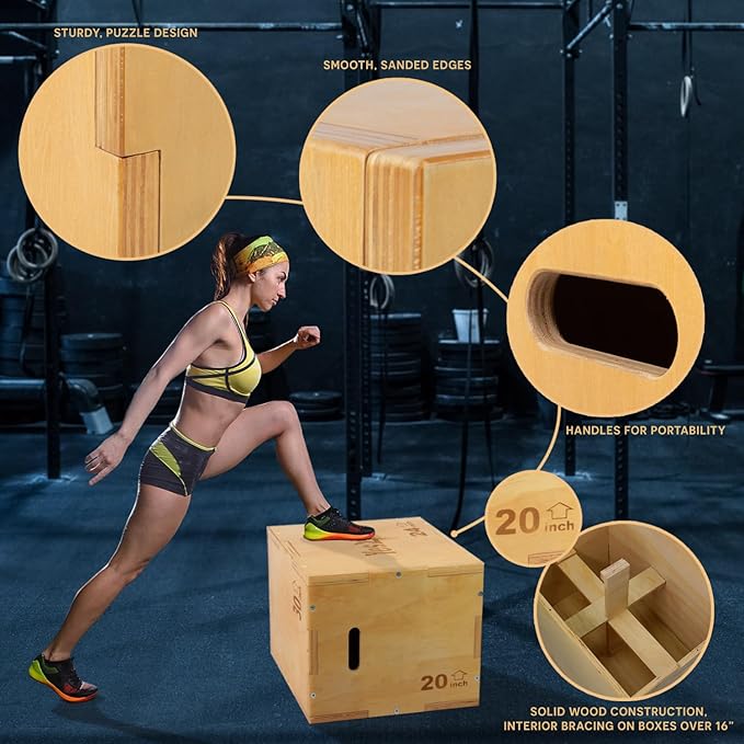Yes4All Plyo Box, 3-in-1 Wooden Box Jumps for Home Gym (12/14/16 in), 450 lbs Boxes Step Up with Smooth Edges & Wide Built-in Handles for Jumping, Strength Training, Lunges, Squats, Dips